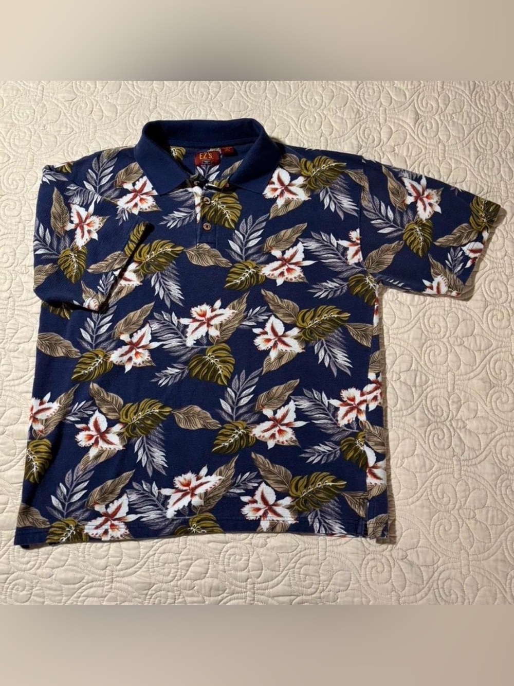 EZ’s by Haggar vintage late 90’s Blue Polo with White and Yellow Floral Print